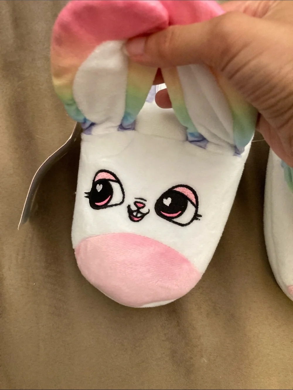 NWT! Flipeez Bunny Rainbow Plush Flip Slippers - Pastel Multicolor